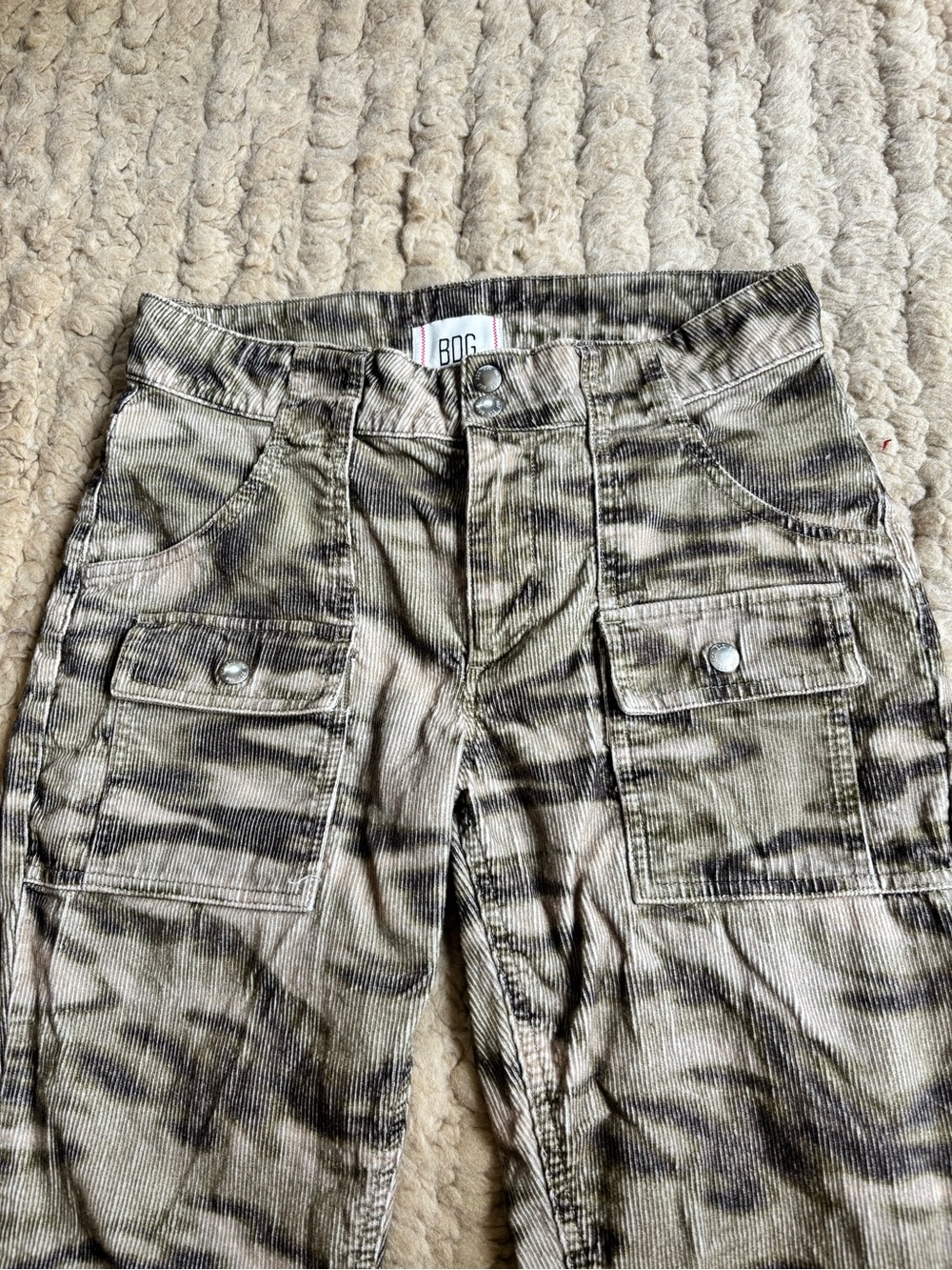 BDG Corduroy Cargo Pants in Olive and Black Wash